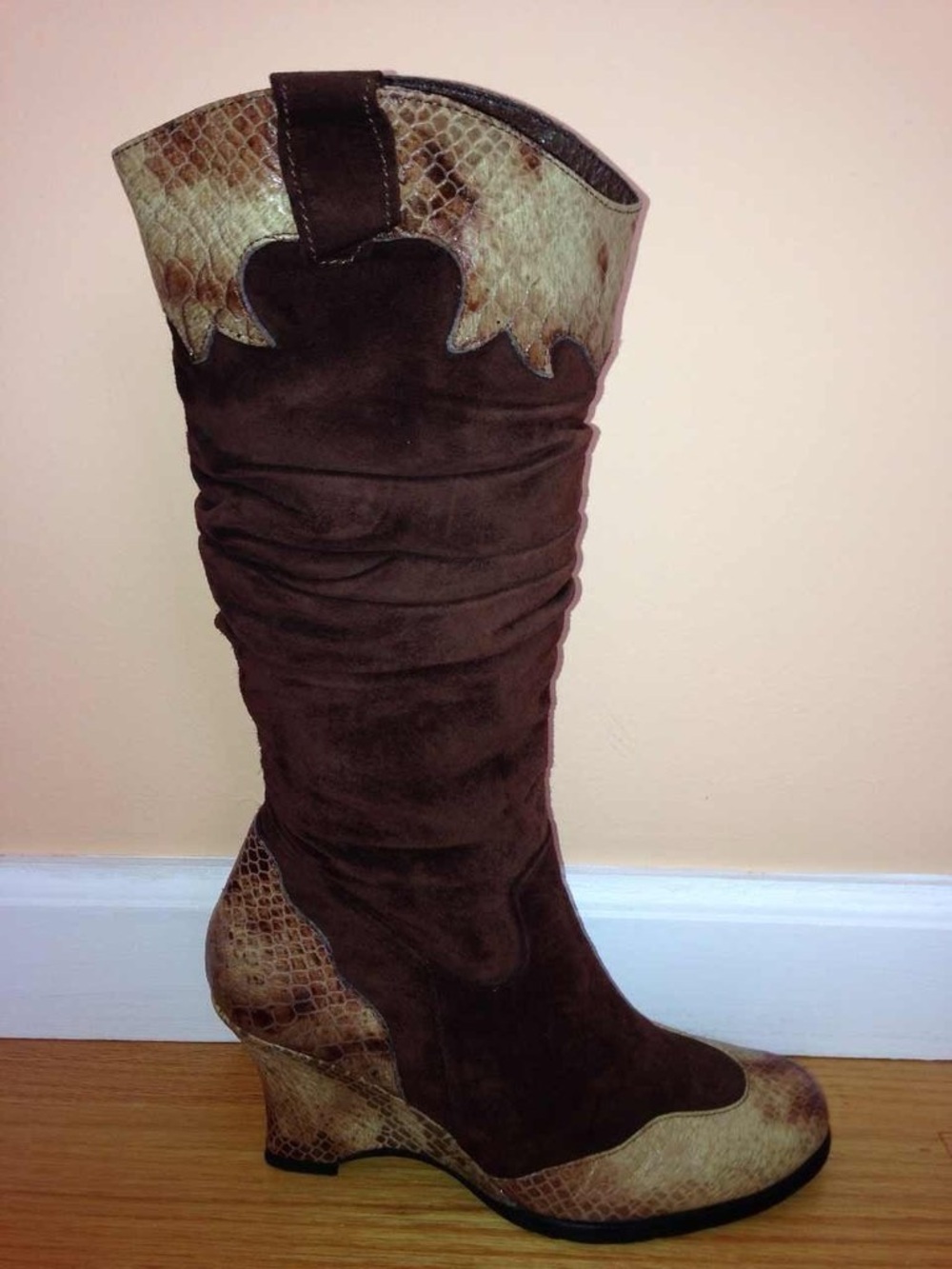 Brown Suede and Snake-Print Mid-Calf Wedge Boot Italian Designer Davis Gomma